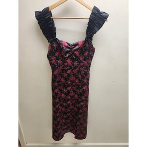 Francesca's Black Red Rose Floral Ruffle‎ Strap Smocked Midi Dress XS Side Slit